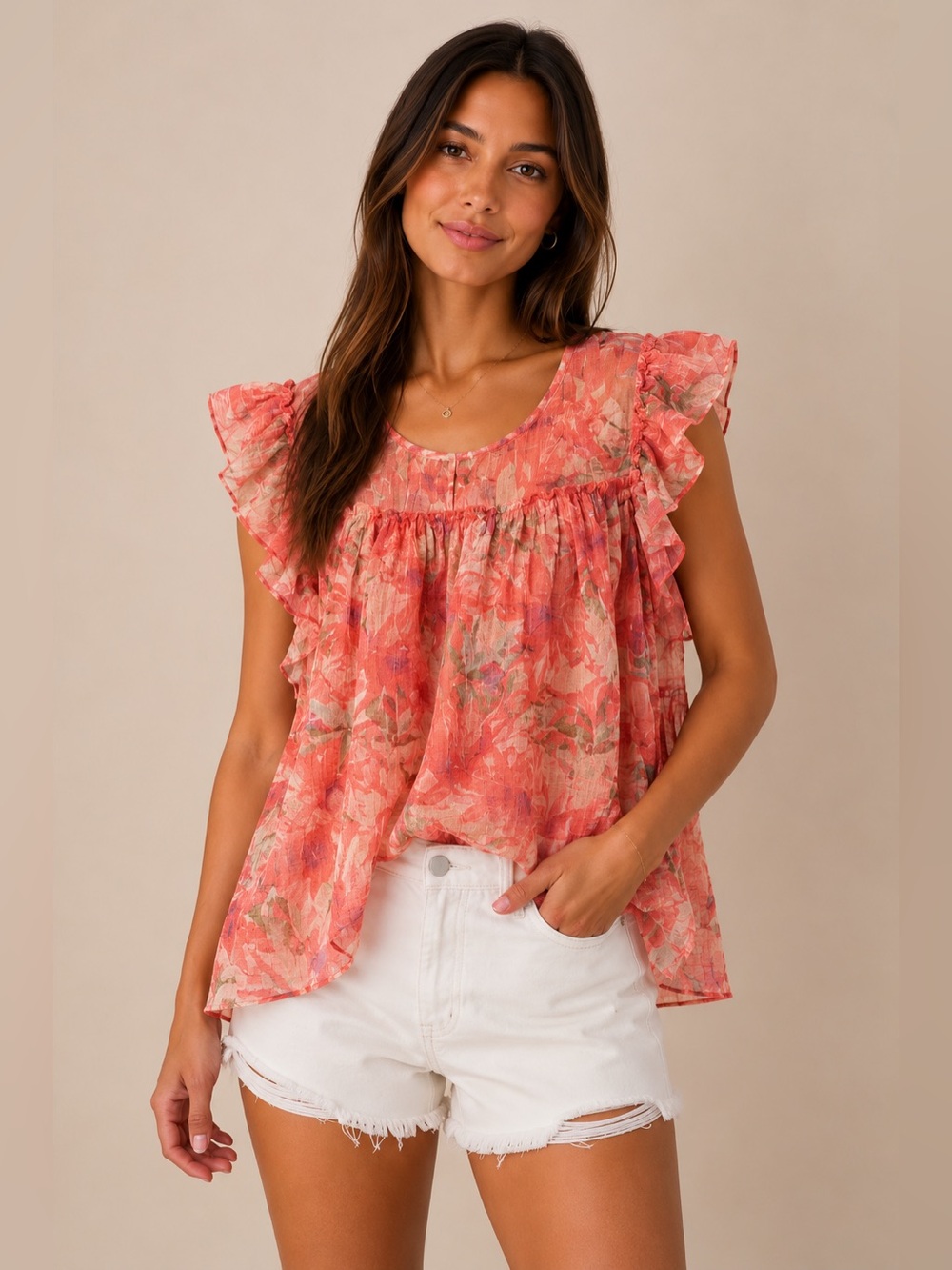 NWT POL Floral Ruffle Sleeve Coral Blouse | Small